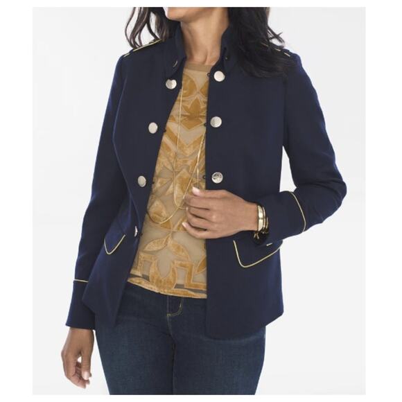 Chico's Women's Military Button Jacket Navy Gold Size XLP/16P - Picture 2 of 10